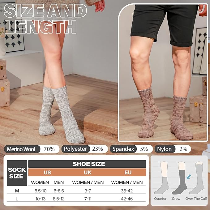 Anlisim Merino Wool Warm Boot Hiking Socks Thermal Extra Thick Winter Cozy Crew Comfy Cushioning Work Women Men Socks 4 Pairs