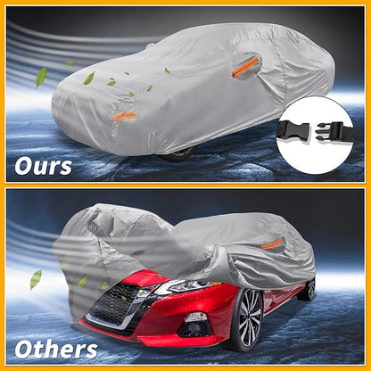 Universal Car Cover Waterproof All Weather 190T-PU, UV Sun Rain Protection, Fits for Sedan Length 199"-208", with Left Side Zipper, Silver Tone