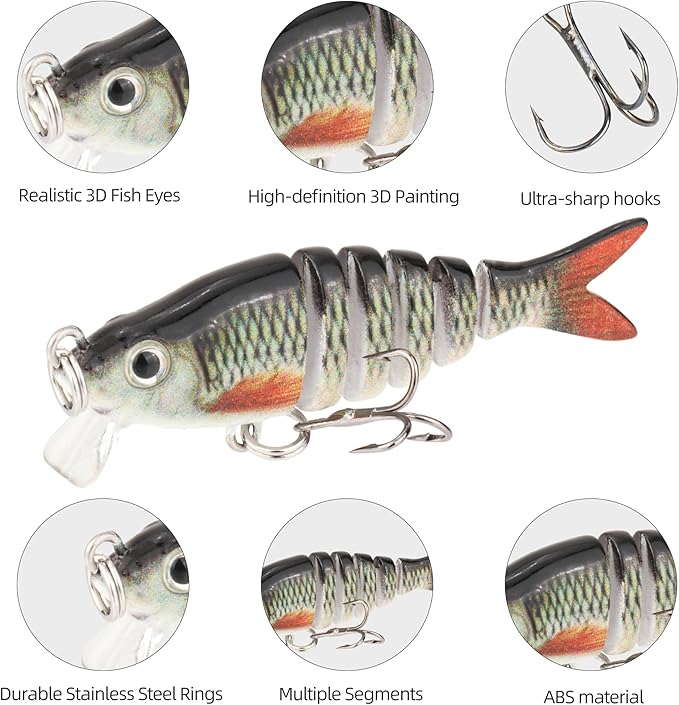 5PCS Lifelike Fishing Lures – Multi-Jointed Swimbait for Bass, Trout, Crappie, Walleye, Pike, Realistic Action with 3D Fish Eyes and Sharp Hooks, Perfect for Fishing Kits in Saltwater & Freshwater