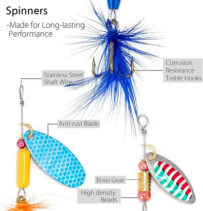 Dr.Fish Fishing Tackle Bag 5 Boxes with 60 Lures Included Loaded Stocked Tackle Box Set Spinner Lures Kit Freshwater Gear Equipment