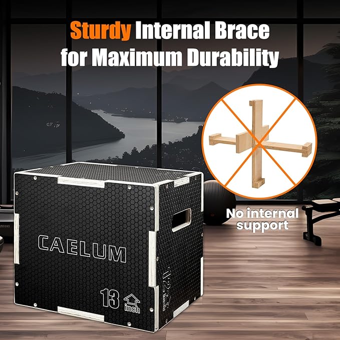 CAELUM 3-in-1 Wood Plyo Box - Non-Slip Plyometric Jump Box for Home & Gym, 400lbs Bearing Fitness Launch Box for Jumping Squats Step-ups Strength Training