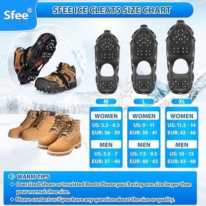 Sfee Crampons Ice Cleats for Shoes and Boots, 28 Steel Shoe Spikes Ultra-Grip Ice Cleats for Men Women Non-Slip Snow Traction Ice Grippers for Shoes and Boots for Walking, Hiking, Climbing, Fishing