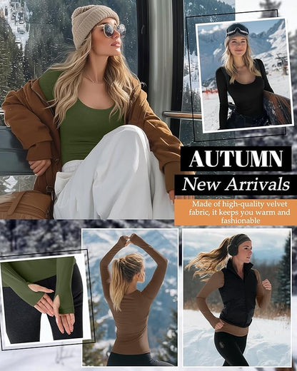 Riyiper 3 Pack Women's Thermal Long Sleeve Shirts, Fleece Scoop Neck Fitted Top Stretchy Thumb Holes Undershirt Baselayer Tee