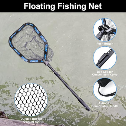 PLUSINNO Floating Fishing Net for Steelhead, Salmon, Fly, Kayak, Catfish, Bass, Trout Fishing, Rubber Coated Landing Net for Easy Catch & Release, Compact & Foldable for Easy Transportation & Storage