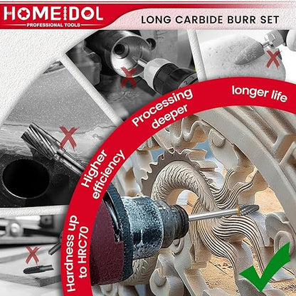 10Pcs Long Carbide Burr Set 1/4" Shank Die Grinder Bits, HOMEIDOL 4"(100mm) Long Rotary Files Tungsten Carbide Rotary Burr Set, Carbide Drill Bits for Metal Stone Wood Carving Engraving Deburring