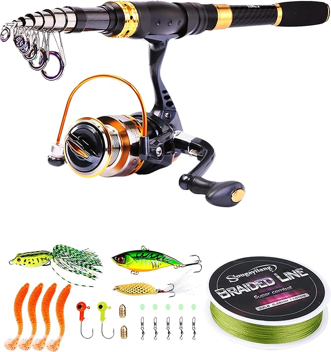 Sougayilang Fishing Rod Reel Combos Carbon Fiber Telescopic Fishing pole with Spinning Reel for Travel Saltwater Freshwater Fishing