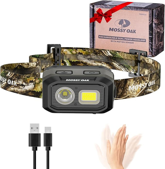 Mossy Oak 600 Lumens LED Headlamp, Dual Power Source, Motion Sensor Head Lamp with Magnetic Base, Stepless Dimming, Memory Mode for Camping, Running, Hiking