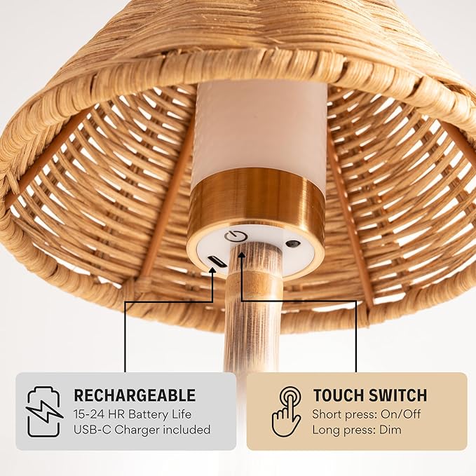 Bamboo Cordless LED Table Lamp – Rechargeable 24-Hour Battery, Dimmable Warm Light, 15" Portable Wireless Lamp with Remote for Indoor/Outdoor Use, Home, Patio, Restaurant – Natural Rattan