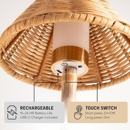 Bamboo Cordless LED Table Lamp – Rechargeable 24-Hour Battery, Dimmable Warm Light, 15" Portable Wireless Lamp with Remote for Indoor/Outdoor Use, Home, Patio, Restaurant – Natural Rattan