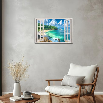 ANRUOXI Beach Window Canvas Wall Art, Enclosed Bedroom Living Room Ocean Coastal Channel Scene Picture, Tropical Sea Landscape Painting Print Artwork Horizontal Seascape Artwork for Bedroom 18x24 Inch