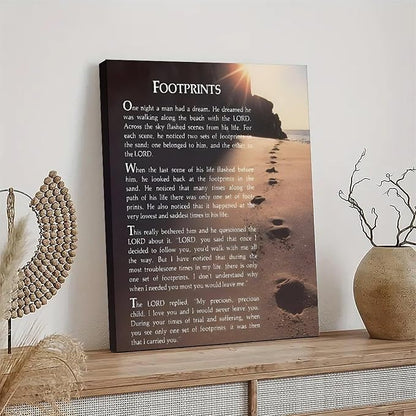Footprints in the Sand Religious Canvas Wall Art Posters, Inspirational Beach Sunset Poem Print Poster (Framed 16x24inch, Footprints(7))