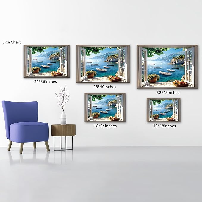 ANRUOXI Beach Wall Art, Window Frame Style Canvas Wall Decor Ocean, Blue Sea & Tropical Palm Tree Ocean Island Canvas, Paradise Scenery Nature Landscape Painting for Living Room Office Home 24x36 Inch