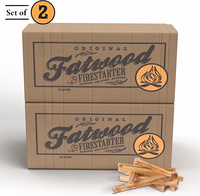 Fatwood Fire Starter Sticks 25-lb Box 2-Pack - Indoor or Outdoor All Natural Pine Fire Starters for Campfires, Fireplace, Firepit, Wood Stove, or BBQ Grill - Kindling Wood Firewood by Pure Garden