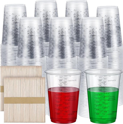 Yunsailing 300 Pieces 8 oz Plastic Measuring Cups With 300 Wooden Mixing Sticks, Disposable Measuring Cups for Epoxy Resin, Liquid, Paint, Cooking and Baking