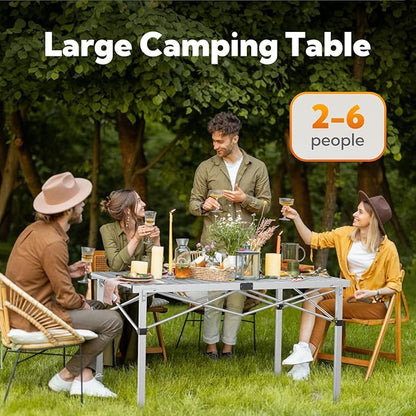Large 46.4" Camping Table for 2-6 People - 220lbs Capacity Heavy Duty Foldable Outdoor Table with Aluminum Roll-Up Top & Carry Bag, Portable Picnic Desk for BBQ, Tailgating, Backyard (Silver)