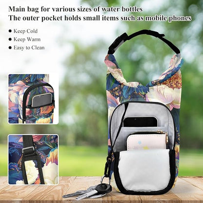 Peony Flowers Paisley Colorful Water Bottle Holder with Strap Insulated Water Bottle Carrier Crossbody Bags Pouch with Phone Pocket for Travel Gym Hiking Walking Running
