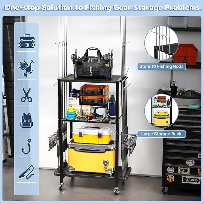 TC-HOMENY Fishing Rod Holder for Garage, Fishing Pole Rack Cart 10 Rod Fit All Fishing Rods, 3 Tier Fishing Tackle Storage Organizer Rack with Storage Bag, Fit For Living Room, Black