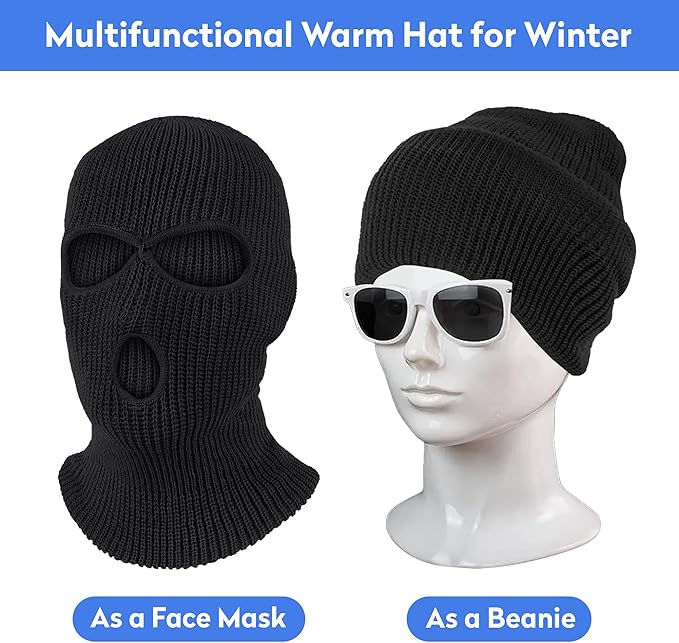 Pukavt 2 Pack 3 Hole Winter Knitted Mask, Full Face Cover Ski Mask Warm Balaclava for Skiing, Motorcycle, Snowboard