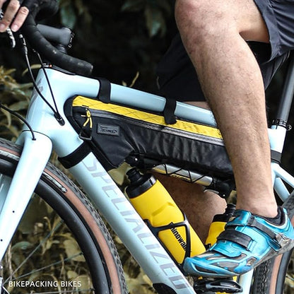 Rhinowalk BHD0017 Bike Frame Triangle Bag 2.4L, Waterproof Tool Storage Bag with YKK Zippers, Pump Holder & Cable Port Slim Fit – Black+Yellow