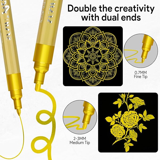 SFAIH Acrylic Gold Paint Pens - 8 Pack 2-3MM Medium Tip & 0.7MM Extra Fine Gold Markers Permanent for Rock, Wood, Metal, Fabric, Plastic, Glass, Ceramic, Diy Crafts, Large Ink Capacity, High Coverage