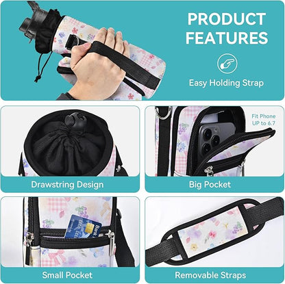 25/32/40/64oz Water Bottle Bag Holder Carrier-Insulated Crossbody Sling Case Sleeve with Strap & Pockets for Men Women Gym Cycling Travel Walking Hiking Camping