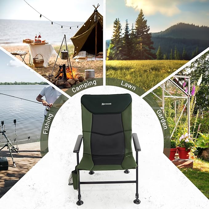 X Strike Oversized Folding Fishing Chair with Rod Holder Heavy Duty 350LBS, Feet Adjustable Padded Camping Chair with Cup Holder Side Pocket Hard Armrest
