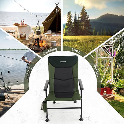 X Strike Oversized Folding Fishing Chair with Rod Holder Heavy Duty 350LBS, Feet Adjustable Padded Camping Chair with Cup Holder Side Pocket Hard Armrest