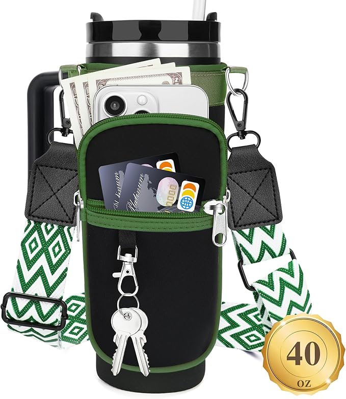 Water Bottle Carrier Bag with Strap for Stanley 40/30 oz Tumbler with Handle, Water Bottle Holder Pouch with Phone Pocket for Stanley Cup Accessories, fit Walking Hiking Travel