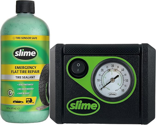 Slime 50107 Flat Tire Puncture Repair, Smart Spair, Emergency Kit For Car Tires, Includes Sealant And Tire Inflator Pump, Suitable For Cars And Other Highway Vehicles, 15 Min Fix