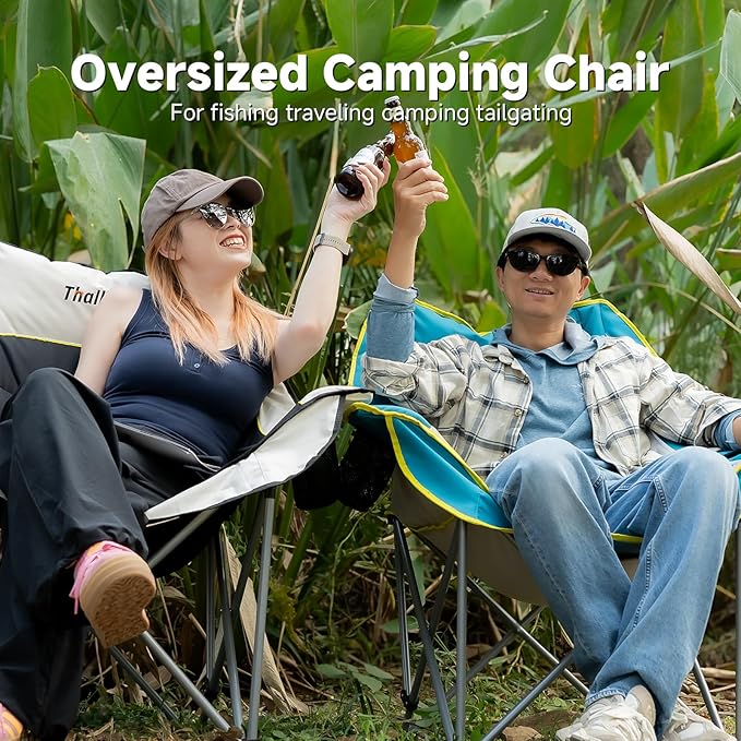 Oversized Camping Chair, Portable Folding Padded Camping Chairs with Cup Holder and Carry Bag, Heavy Duty Outdoor Camping Chairs for Adults, Up to 400Lb, for Fishing (Blue-2 Pack)