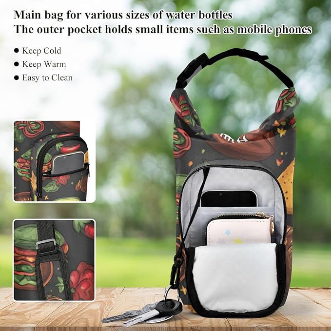 Mexican Food Flag Football Water Bottle Holder with Strap Insulated Water Bottle Carrier Crossbody Bags Pouch with Phone Pocket for Travel Gym Hiking Walking Running