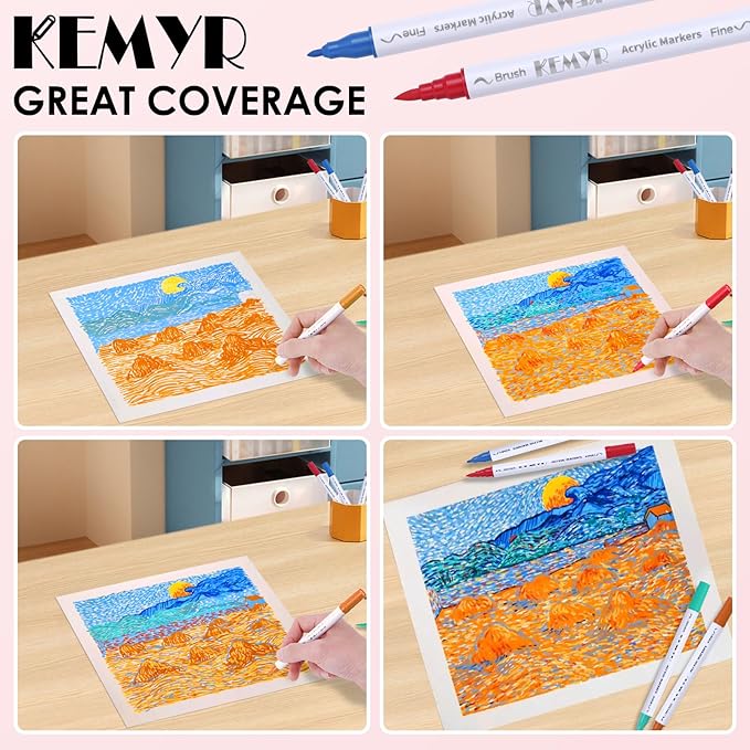 72 Colors Brush & Fine Tip Acrylic Paint Pens, Dual Tip Acrylic Paint Markers for Paper, Wood, Canvas, Stone, Rock, Glass, Fabric, DIY, Ceramic, Art Supplies for Adults Drawing