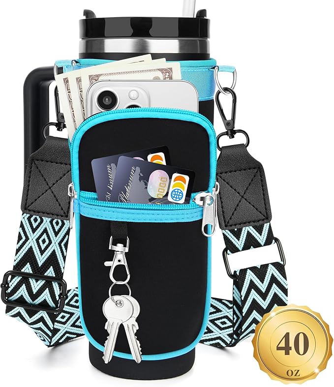 Water Bottle Carrier Bag with Strap for Stanley 40/30 oz Tumbler with Handle, Water Bottle Holder Pouch with Phone Pocket for Stanley Cup Accessories, fit Walking Hiking Travel