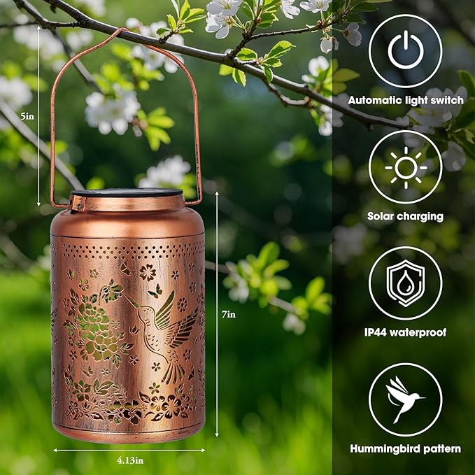 2 Pack Hummingbird Solar Lanterns Outdoor Waterproof, Solar Lanterns Decorative Birthday Mothers Day Gifts for Dad Husband, Mom, Men, Hanging Lantern Outdoor for Patio, Porch, Garden Decor