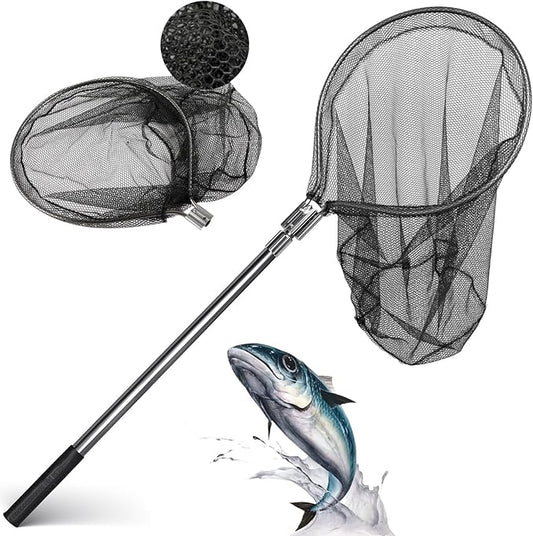 Heavy Duty Extra Large Rubber Fishing Net - Aluminum Telescoping Handle (67-100in), 20in Net Opening for Saltwater Fishing