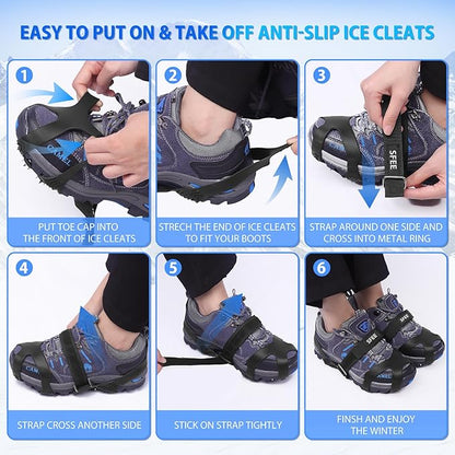Sfee Crampons for Winter Boots, Upgraded Ice Cleats Stainless Steel Women Men Anti Slip Ice Traction Cleats Grips with Straps, Perfect for Hiking, Walking, Climbing, Ice Fishing