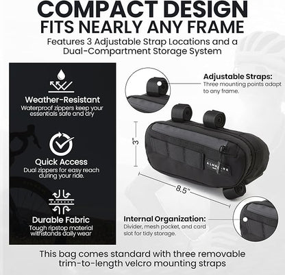 ALMSTHRE Compact Bike Frame Bag – Midnight Black | Weather-Resistant, Waterproof Zippers & Dual-Sided Access for Road, MTB, and Ebike Frames