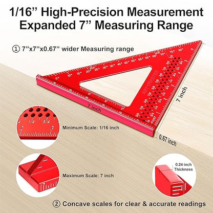 7 inch Carpenter Square, 1/16" Precision Hole Scribing Square Tools, 0-90° Aluminum Alloy Rafter Square, Woodworking Square & Carpenter Pencils 12 Refills AM13E
