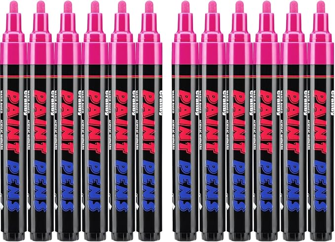Pink Paint Pens Paint Markers - 12 Pack Permanent Quick Dry Waterproof Marker Pens for Rocks Wood Fabric Plastic Canvas Glass Mugs Metal Tire Stone