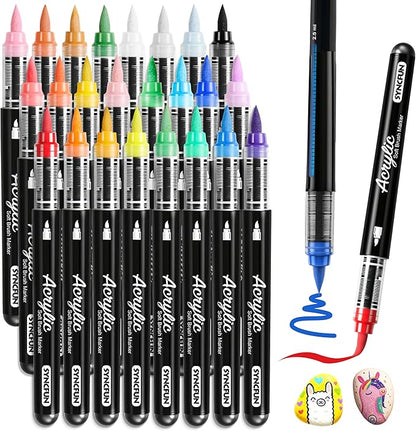 SYNCFUN 24 PCS Acrylic Paint Markers, Brush Tip Markers, Waterproof Paint Coloring Pens for Drawing, Art Supplies & Kids DIY Craft, Fabric, Canvas, Rock Painting, Wood, Glass, Ceramic, Metal