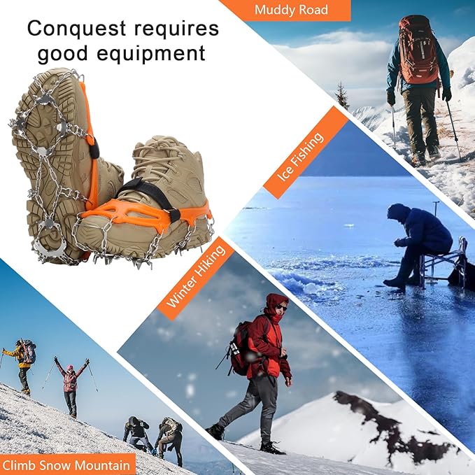 Crampons 19 Spikes with Stainless Steel Chain Ice Snow Grips Traction Cleats System Safe Protect for Walking, Jogging, Climbing, Hiking on Snow and Ice, Boots Chains for Women Men