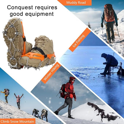 Crampons 19 Spikes with Stainless Steel Chain Ice Snow Grips Traction Cleats System Safe Protect for Walking, Jogging, Climbing, Hiking on Snow and Ice, Boots Chains for Women Men