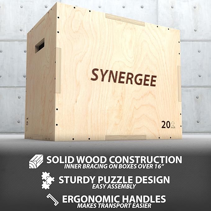 Synergee 3 in 1 Wood Plyometric Box for Jump Training and Conditioning. All in One Jump Trainer. Sizes 30/24/20, 24/20/16, 20/18/16, 16/14/12