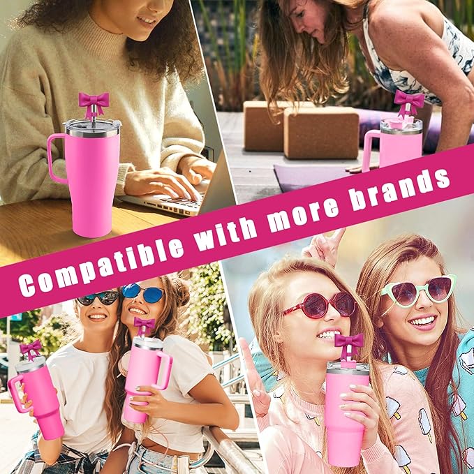 4Pcs Silicone Straw Toppers Covers for Stanley Cups 40/30oz 10mm(0.4in) Dust-Proof Bow Straw Covers Toppers Suitbale for Stanley Cup Accessories Reusable Straws Caps (Purple Rose Red)