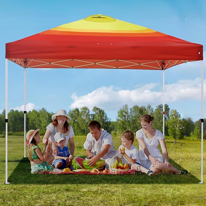EAGLE PEAK Pop Up Canopy Tent with Wheeled Carry Bag, 8 Stakes, 4 Ropes, 4 Weight Bags, Easy Set Up Tent Canopy, 10x10 ft, 100sqft of Shade, Sunset Stripe