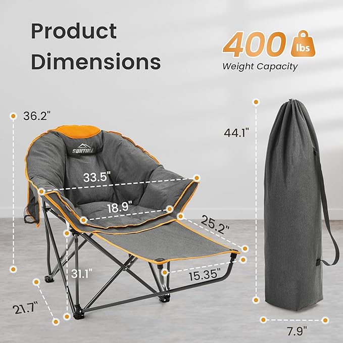 OUTDOOR LIVING SUNTIME Oversized Padded Comfy Camping Chair with Removable Footrest， Weight Capacity 400 LBS, Heavy Duty Moon Round Leisure Folding Chair for Camping, Hiking, Carry Bag, Orange