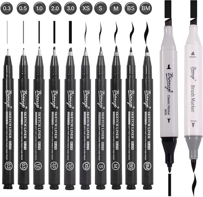 Bianyo Art Drawing Pens Art Supplies - 10 Assorted Art Pens + 2 Black Art Markers, Upgraded Pigment Water-Resistant Archival Ink, Bonus Pouch Bag - Perfect for Artists, Crafters