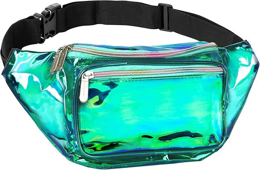 Fanny Pack Belt bag - Crossbody Waist Bag for Men or Women - Hands-Free, Waterproof Large Bumbag for Hiking, Running, and Travel (Holographic Transparent - Aqua)