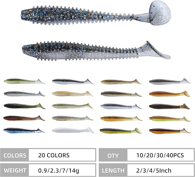 RUNCL Swimbaits Paddle 10/20/30/40PCS, 5/4/3/2 Inchs Paddle Tail, Soft Lure for Trout Crappie Bass, Durable Plastic Bait Swimmer for Saltwater/Freshwater, Fishing Lover's Gift