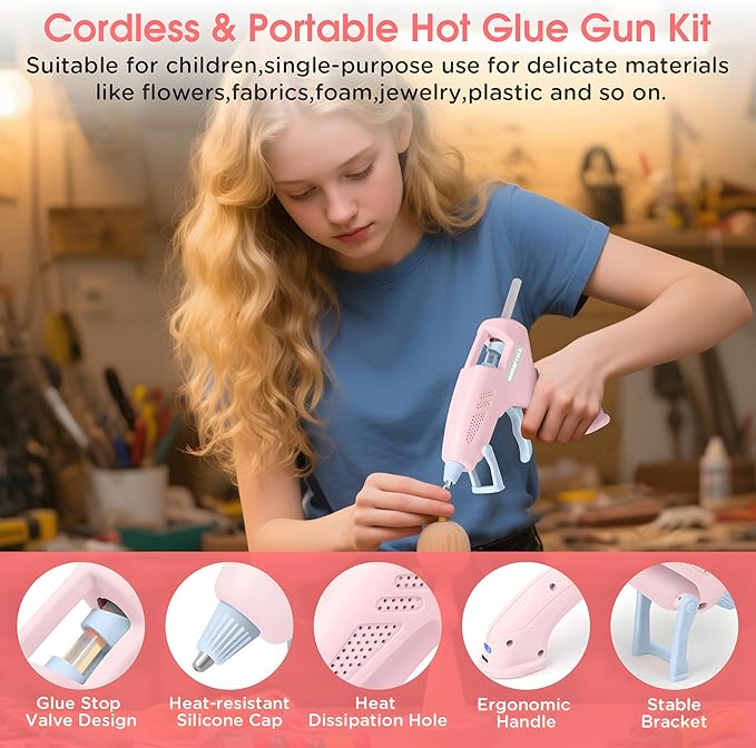 Cordless Hot Glue Gun, 20W Glue Gun with 30 Glue Sticks, 90S Fast Preheating, 2600mAh USB-C Rechargeable Hot Melt Gun for DIY Crafts, Gift Making, Home Repairs & Decoration, Gift Making (Pink)